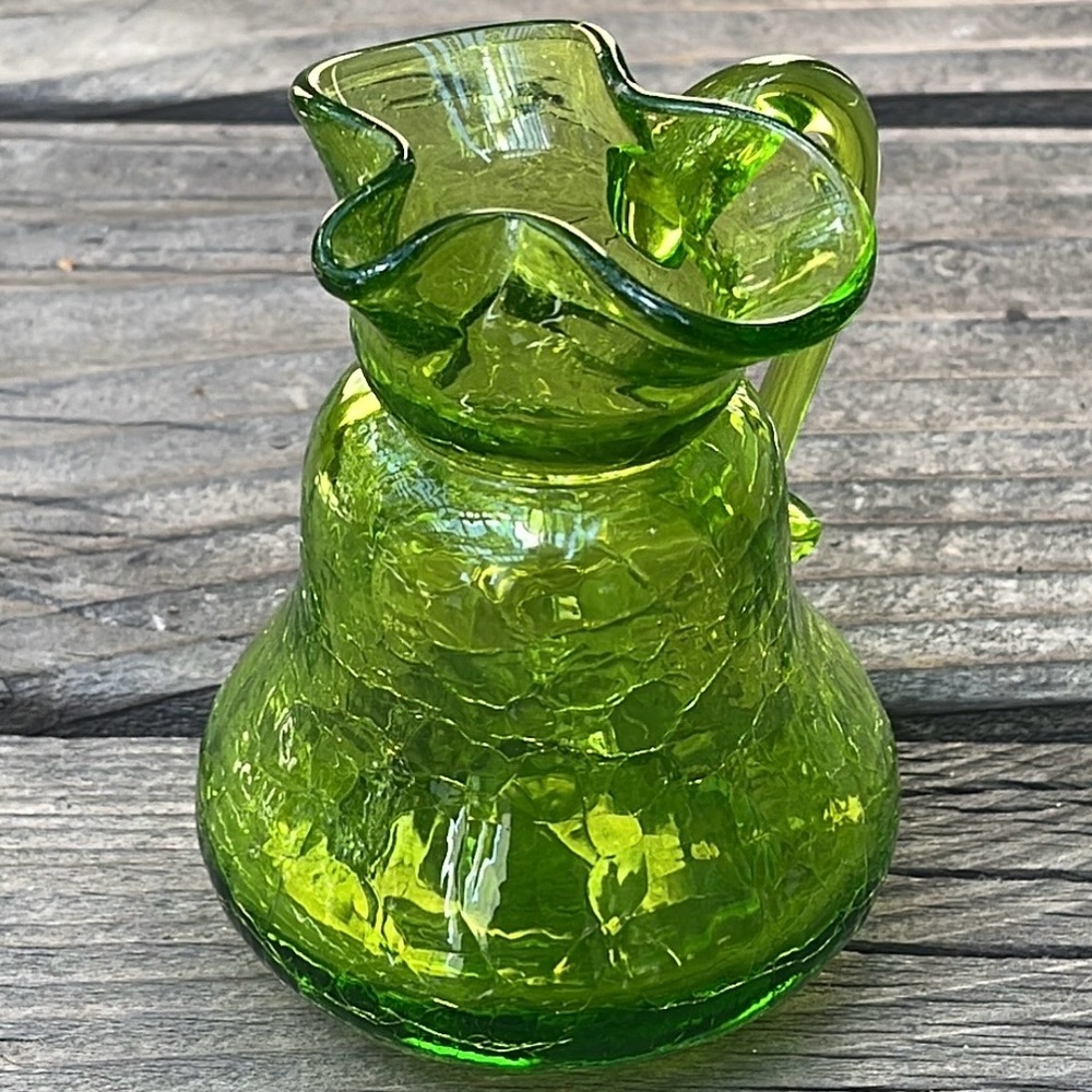 Vintage Green Crackle Glass Pitcher Art Glass - Picture 4 of 8